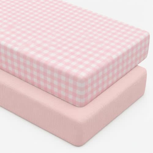 Breling 2 Pcs Muslin Pink and Pink Gingham Crib Sheets for Girl Soft and Breathable 100% Cotton Plaid Crib Baby Bed Sheets Checkered Fitted Mattress Cover for 52''x 28'' Standard Mattress Size