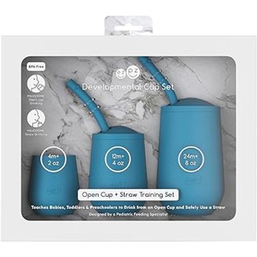 ezpz Developmental Cup Set (Blue) - 100% Silicone - Teaches Babies, Toddlers, and Preschoolers to Drink from an Open Cup and Safely Use a Straw - Designed by a Pediatric Feeding Specialist