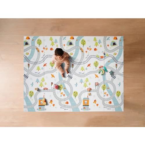 Nuby Reversible Baby Floor Mat - Foldable and Lightweight Foam Infant Play Mat - 77" x 58" - Easy Storage and Travel - Car Tracks/Alphabet