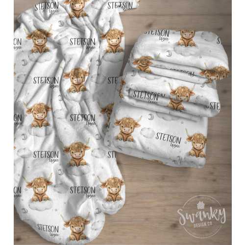 Custom Highland Cow Baby Name Blanket, Personalized Farm Swaddle Hospital Blanket, NewbornThe Stetson