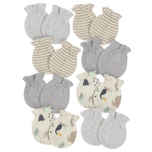 Gerber Baby Boy or Girl Gender Neutral Organic Mittens, 8-Pack - SAFARI - 0-3 Months