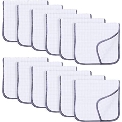 SWEET DOLPHIN 12 Pack Muslin Burp Cloths Large 100% Cotton Hand Washcloths for Baby - Baby Essentials Extra Absorbent and Soft Boys & Girls Milk Spit Up Rags for Newborn Registry - Grey Trim, 20" X10"
