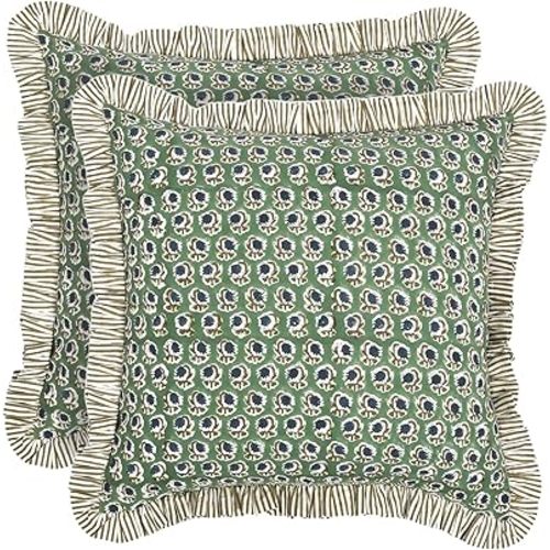 Ridhi Modern Farmhouse Pillow Covers Decorative Cotton Throw Pillow Covers Set of 2 Basil Green Cushion Covers with Ruffle for Couch Sofa Bed Living Room Spring Home Decor 18x18