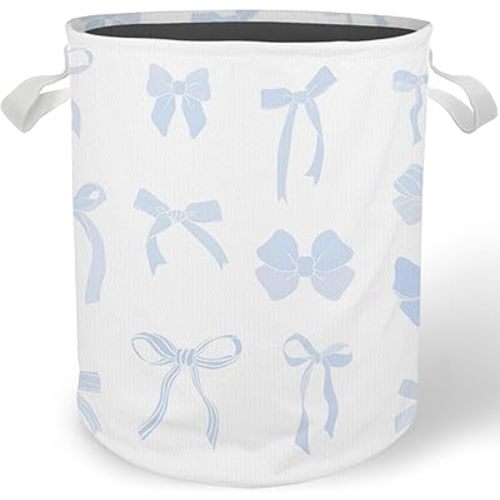 Coquette Blue Bow Laundry Basket Hamper, Toybox for Girls, Trendy Preppy Bow Waterproof Collapsible Storage Bin Organizer for Bedroom Bathroom Girls Room Dorm Clothes Toys Books