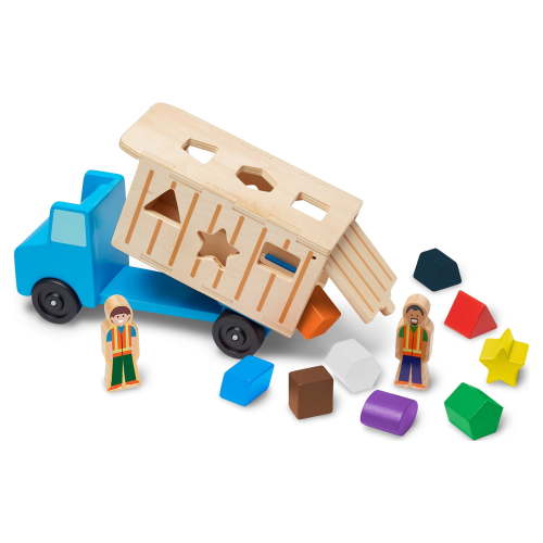 Melissa & Doug Shape-Sorting Wooden Dump Truck Toy With 9 Colorful Shapes and 2 Play Figures