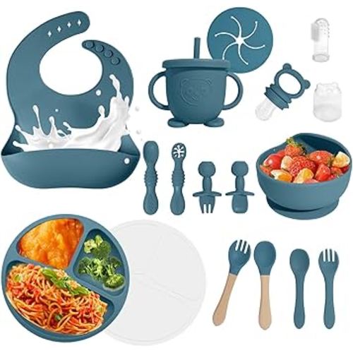 Baby Led Weaning Supplies, 17 Piece BPA-Free Silicone Feeding Set, Eating Essentials Baby Utensils with Suction Plate and Bowl, Pocket Bib, Sippy Cup with Lid, for 6+ Months, Blue