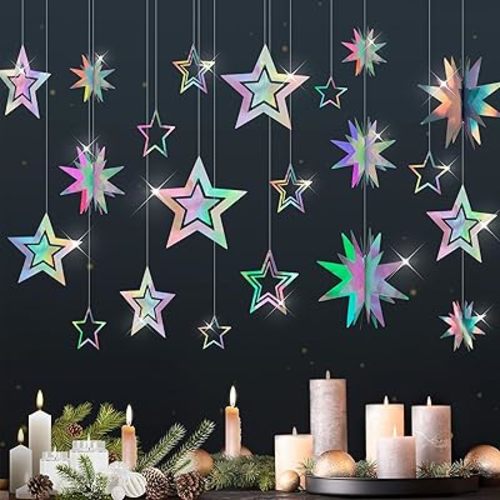 Star Garland Decorations Kit, Holographic Twinkle Little Stars Garlands, Glitter 3D Star Hanging Streamer Backdrop Banner for Birthday, Baby Shower, Graduation, Wedding, Ramadan, EID