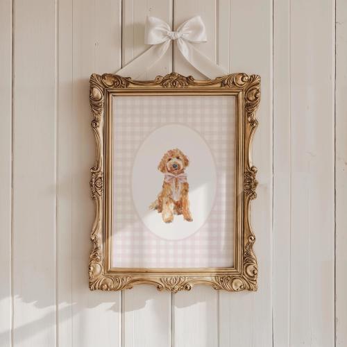 Golden Doodle Nursery Decor, Watercolor Dog Nursery Print, Baby Girl Nursery, Pink Gingham Wall Print, Coquette Pink Bow Art, Puppy Nursery