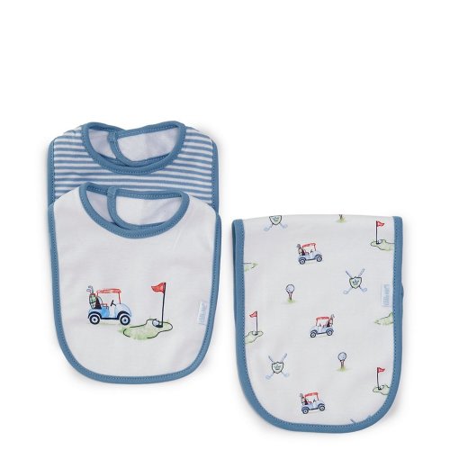 Little Me Baby Boys Golf Cart-Applique Bib, Striped Bib & Golf-Themed Burp Cloth Set