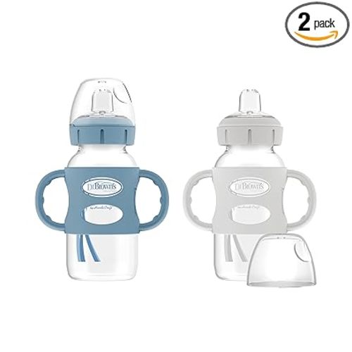 Dr. Brown's Milestones Wide-Neck Sippy Spout Bottle with Silicone Handles 9oz 270mL 6m+ Light Blue and Gray 2-Pack