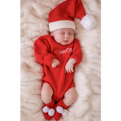 Embroidered Knit Sweater Bubble Romper in Red | Caden Lane