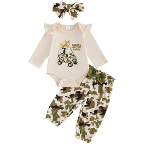 Newborn Baby Girl Outfits Camo Deer Print Romper Pants 3pcs Daddy’s Hunting Buddy Clothes Set Fall Winter