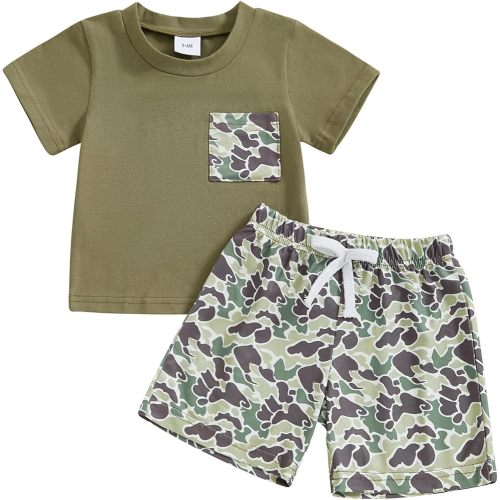 PUHHAPIEY Toddler Baby Boy Summer Clothes Retro Embroidery Duck Hunting Shirts T-Shirt + Elastic Camouflage Shorts Set (Army Green, 6-12 Months)