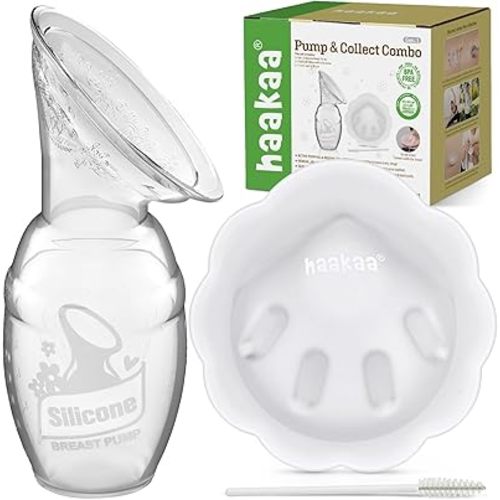haakaa Manual Breast Pump for Breastfeeding 4oz/100ml and Petal Milk Collector Combo丨Food-Grade Silicone, Breast Milk Catcher for Leaking Milk with Cleaning Brush