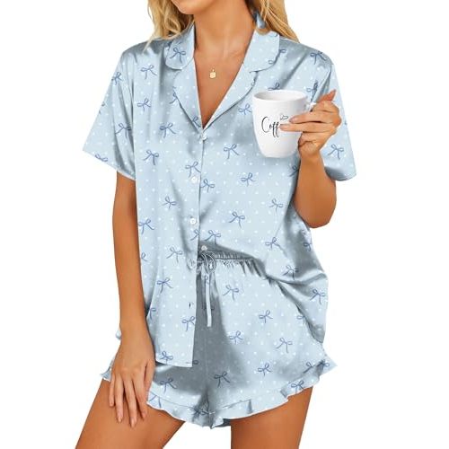 HOTOUCH Womens Satin Pajamas Set Button Down 2 Piece Ruffle Shorts Set | Cute Short Sets, 2 Piece Pjs, Soft Silk Stain, Ruffle Shorts, Lightweight Sleepwear