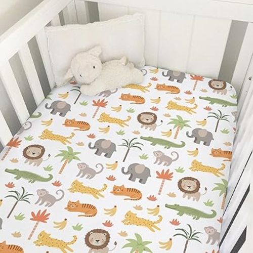Jungle Safari Animal Baby Crib Sheets for Boys Girls Cute Lion Leopard Elephant Monkey Soft Snug Fitted Crib Mattress Covers for 52''x28'' Standard Crib & Toddler Mattress Safari Adventure Bed Sheets