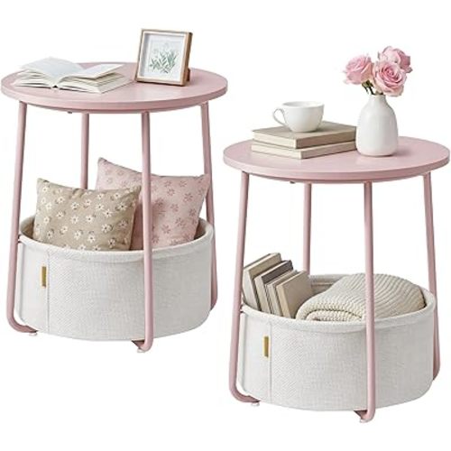 SONGMICS HOME Small Side Table, Round End Table, 2 Tier Nightstand with Basket, U Shaped Steel Legs, Easy Assembly, for Living Room, Bedroom, Pink and White