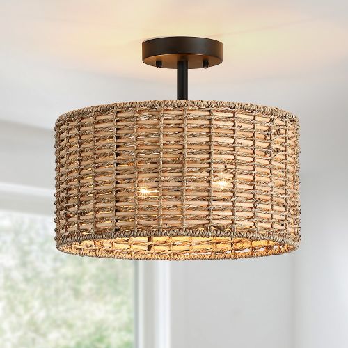 True Fine Jolene 13.6-in Black Indoor 2 -Light Semi-flush Mount Light with Textured Glass with Rattan Shade