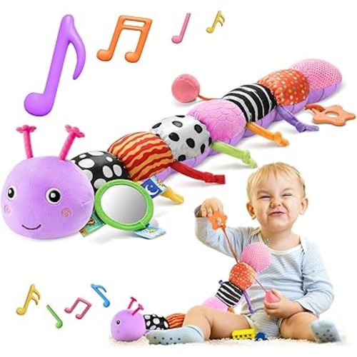 HEMRLY Baby Sensory Toy 0-6 Months, Musical Stuffed Caterpillar Plush with Teether, Crinkle, Rattle, Baby Mirror for Tummy Time,Infant Car Seat Toy for 0-3-6-12 Month Boys Girls Gifts- Knotted Purple