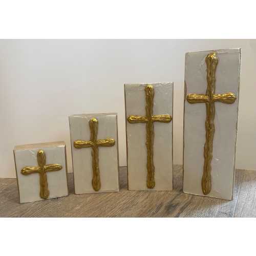 Gold Cross Hand Painted Textured Art Block by Two Girls Who Make Crosses