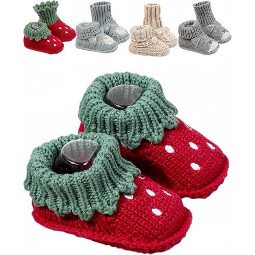 Baby Strawberry Knit Booties for Girls Boys, Soft Sole Newborn Infant Crib Shoes, Cozy Cotton Crochet Baby Sock Shoes, Lightweight Non-Slip First Walker Slippers for 6-12 Months