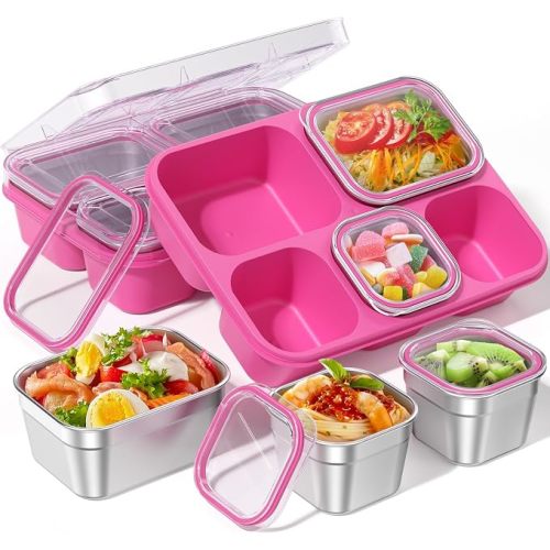 BiuLeon Snackle Box Containers, Stainless Steel 5 Compartments Divided Serving Tray with Lid, Removable LeakProof Portable Bento Box for Fruit Candy Nuts Food - School, Picnic and Travel(Pink)