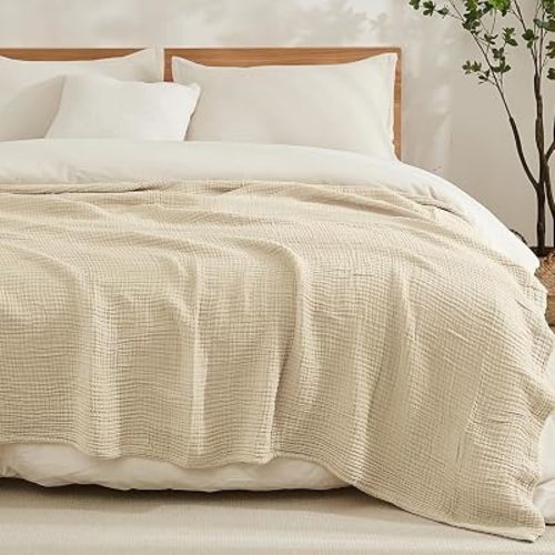 EMME Cotton Blanket King Size for Bed Soft Muslin Blankets 108"x90" Beige Lightweight Breathable Layering Bedspread Coverlet All Season Gauze