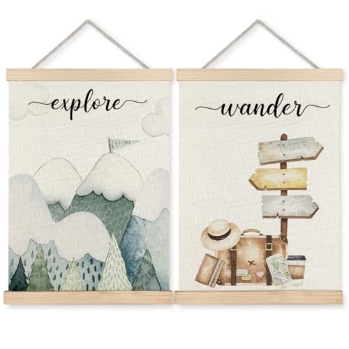 BearCake Jungle Nursery Travel Hanging Wall Decor Art Set of 2, Watercolor Woodland Mountain Hot Air Balloon Car Wall Decor for Baby Toddler Boy Girl Room Nursery Playroom,12x16 Inches Framed