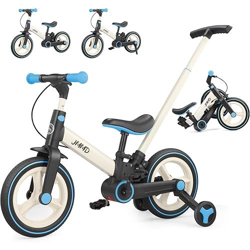 JMMD 6 in 1 Toddler Bike with Push Handle for Kids 18-60 Months, 12" Foldable Balance Bike with Training Wheels, Pedals, Brakes, Kickstand, Push Tricycle Toddler Gift & Toys for Boy & Girl