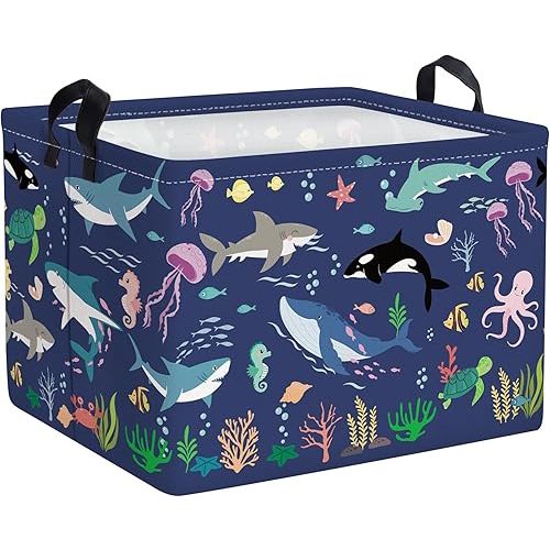 Clastyle Fish Sea Turtle Baby Basket Ocean Coral Seaweed Starfish Toy Book Shelf Basket Waterproof Pool Toy Beach Towel Storage Bin Large Dirty Clothes Laundry Hamper, Whales, 40*30*30 cm