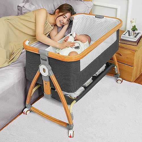 Mereryi Bedside Bassinet for Baby,Baby Bassinet Bedside Sleeper,Bassinet Bedside Sleeper with Wheels,Storage Basket,Mosquito Nets,Easy to Assemble Bassinet for Newborn/Infant,Adjustable Bedside Crib