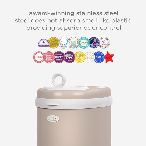 Ubbi Stainless Steel Diaper Pail, Odor Locking, No Special Bag Required, Award-Winning, Registry Must-Have, Taupe