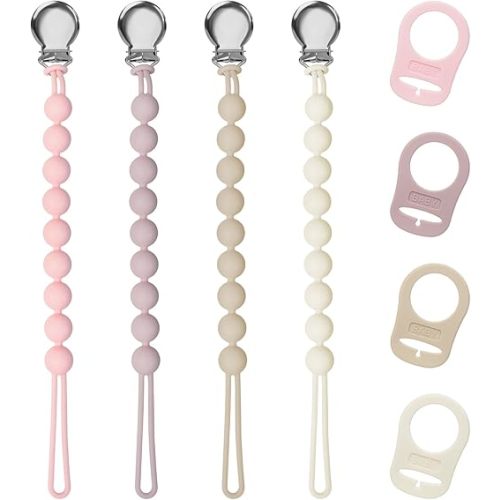 Pacifier Clips for Baby Girl Boy, Silicone Binky Holder with Adapter Ring for MAM Pacifiers, Baby Newborn Essentials Shower Birthday Gift (4-Pack)