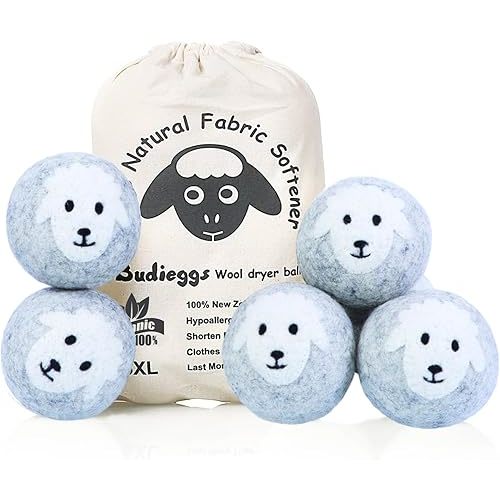 Wool Dryer Balls Organic XL 6-Pack, 100% New Zealand Chemical Free Fabric Softener for 1000+ Loads, Baby Safe & Hypoallergenic, Reduce Wrinkles & Shorten Drying Time Naturally (Grey Sheep)