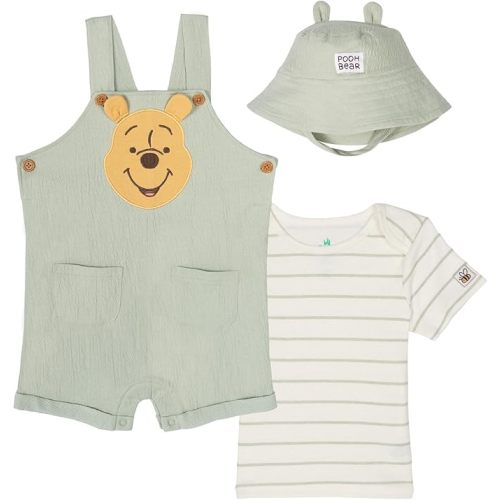 Winnie the Pooh Baby Short Overalls, T-Shirt & Hat 3 Piece Outfit Set Newborn to Infant Sizes (0-24 Months)