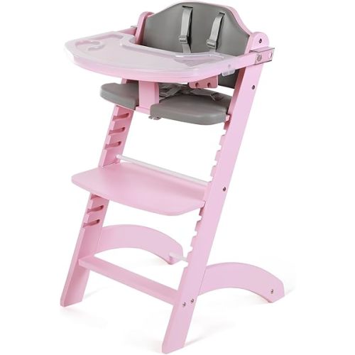 Cowiewie New Upgrade 3-in-1 Convertible Wooden High Chair for Babies & Toddlers 10 Levels Adjustable 3-Tier Remove 2 Waterproof Cozy Cushions Pink