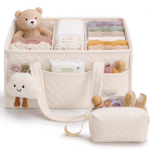 Baby Diaper Caddy Organizer, Baby Basket Shower Gift, Portable Changing Table Basket, Postpartum Caddy & Tote Bag Pouch, Newborn Boy & Girl Nursery Essentials Registry, Car Diaper Organizer