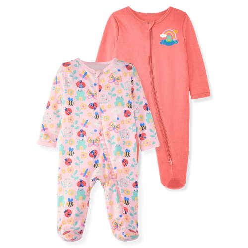Garanimals Baby Girl Cotton Footed Sleep & Play Pajamas, Graphic Prints, 2-Pack, Newborn–9M