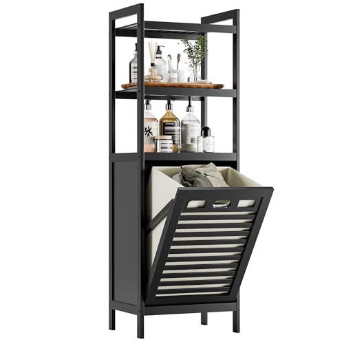 HITNET Tilt Out Laundry Hamper, Bamboo Bathroom Cabinet with Pull Out Removable Bag and 3 Tier Storage Shelves, 8.5 Gallon Clothes Basket with Metal Handle, Black