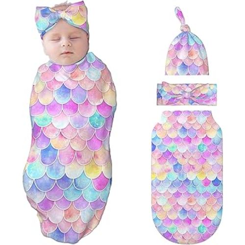 Mermaid Swaddle Blankets Newborn Receiving Blanket Baby Swaddle Wrap with Headband Hat Set for Baby Girls Boys