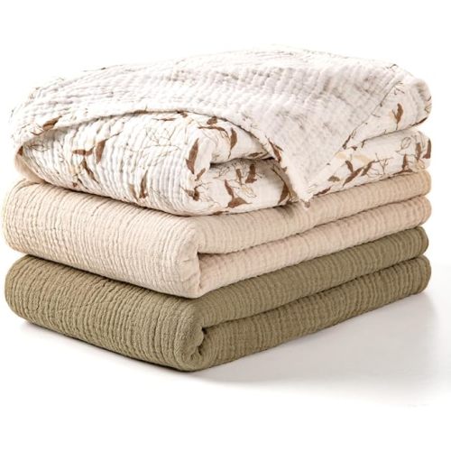 lulumoon Muslin Swaddle Blankets for Baby: Lightweight & Breathable Receiving Blankets for Hospital - Neutral Registry Gift for Newborn 3pack (Olive Branches)
