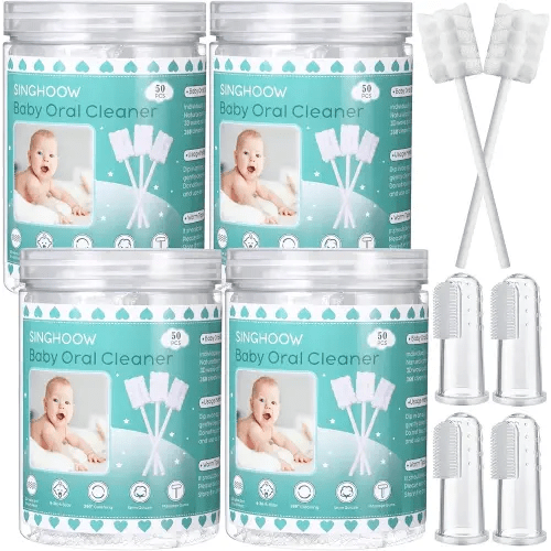 200 Pieces Baby Tongue Cleaner Disposable Infant Oral Cleaner with 4 Pieces Finger Toothbrush Soft Gauze Baby Mouth Newborn for Tooth Mouth Dental Care(Blue)