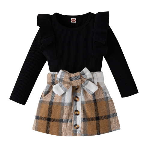 Hpapadks Baby Girl Outfits Solid Cotton Long Sleeve Ribbed Tops Bowknot Plaid Skirts Baby Girl Clothes Black 9-12 Months