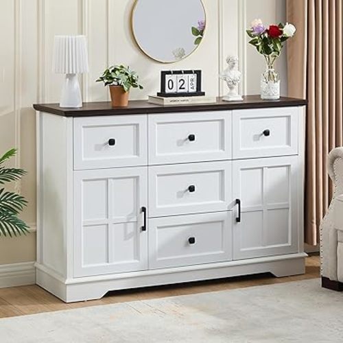 5+2 White Dresser for Bedroom, Chest of Drawers for Bedroom with Wooden Drawers and Cross Doors, Wood Dressers Storage TV Stand for Bedroom, Living Room