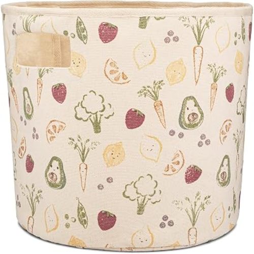 Crane Baby Clementine Canvas Storage Bin, Nursery Hamper and Baby Storage Basket for Toys, Clothes, and Diapers, Toy Baskets, Fabric Nursery Basket, Garden Fruits and Veggies Print, 13" x 12"