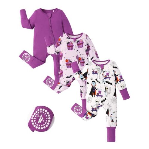 PATPAT Baby Boys Girls Bamboo Viscose Footies 3-Pack, NB-2T | 2-Way Zipper, Fold-Over Mittens & Feet, Non-Slip Soles,Super Soft Fabric
