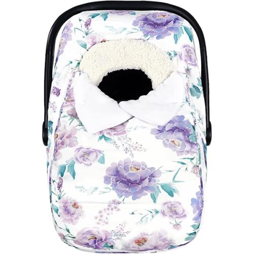 Baby Car Seat Cover Winter, Super Warm Baby Carseat Cover for Girl Boy, Plush Fleece Infant Car Seat Cover, Double Sides Zipper Carseat Canopy Covers, Purple Floral