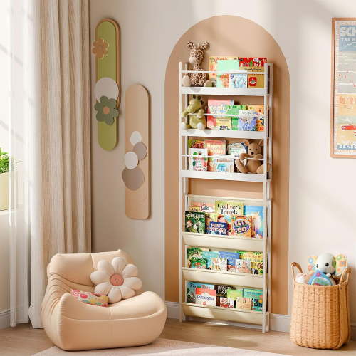 Kids Bookshelf - Wall Mounted 6-Tier Book Shelf for Kids Rooms, Behind The Door Bookshelf for Kids/Baby/Toddler, Corner Wall Book Shelf for Bedroom/Nursery, Kids Organizer for Toys and Books