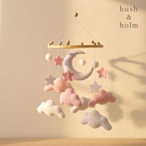 Celestial Nursery Mobile, Moon Crib Mobile, Pink Baby Mobile, Cloud Nursery Decor, Scandinavian Felt Baby Mobile