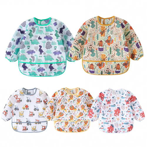 HaimoBurg 5 Pcs Mess Proof Baby Bib, Waterproof Sleeved Bib Outfit, Baby Smock for Eating for 5-30 Months